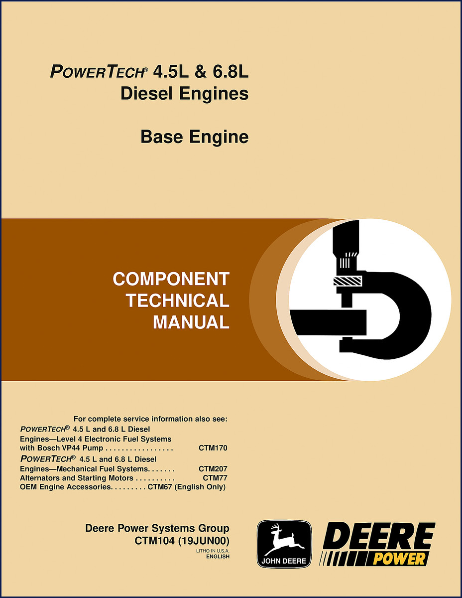 John Deere 4.5L 6.8L Technical Manual 2000 cover showing engine cutaway