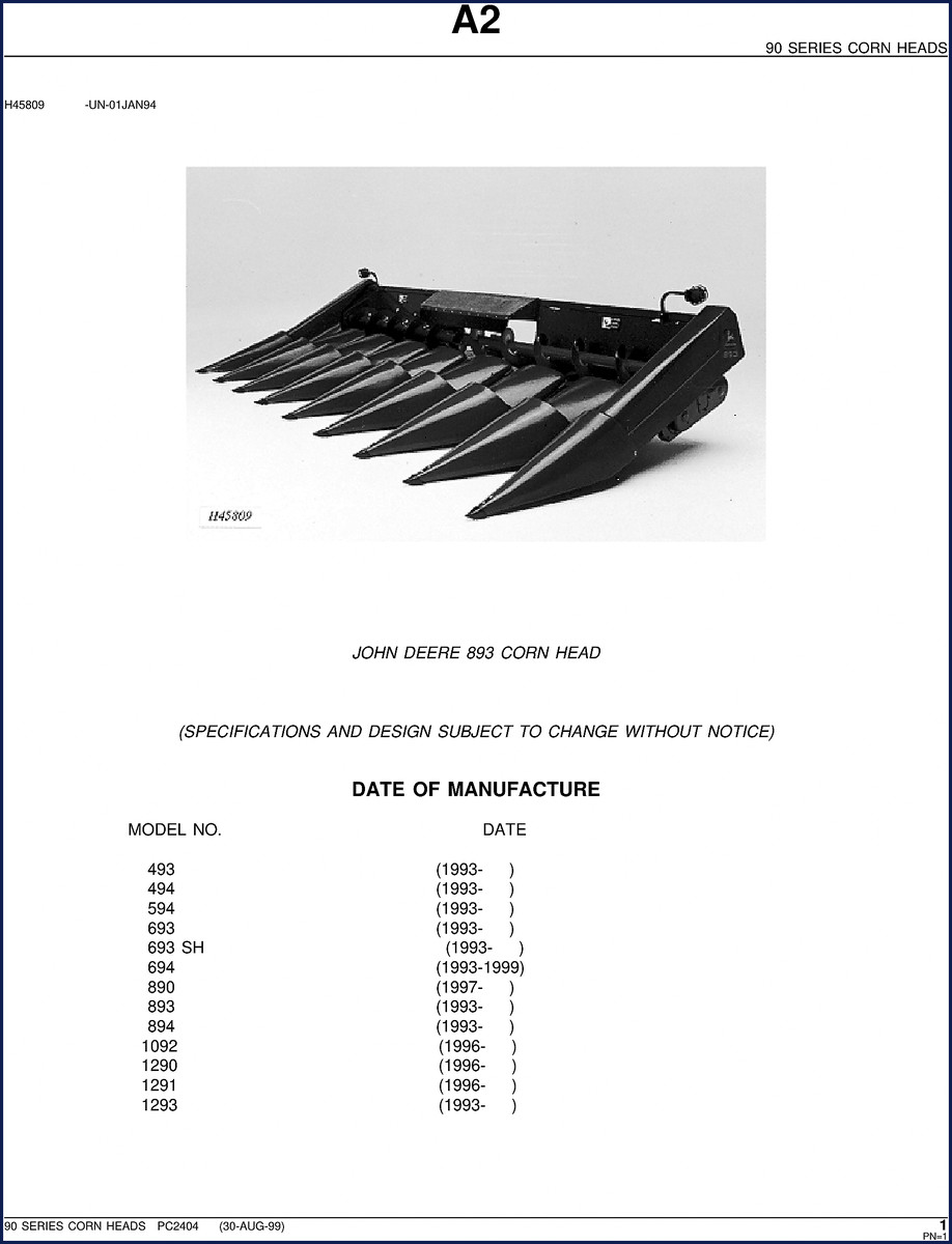John Deere 493 corn head parts catalog 1999 factory OEM