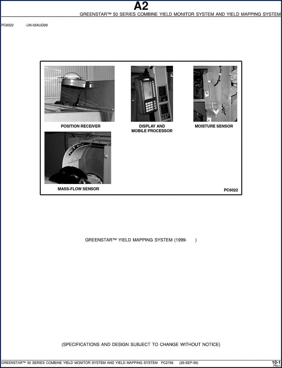 John Deere 50 Series 1999 Parts Catalog cover – GreenStar yield monitor system parts breakdown