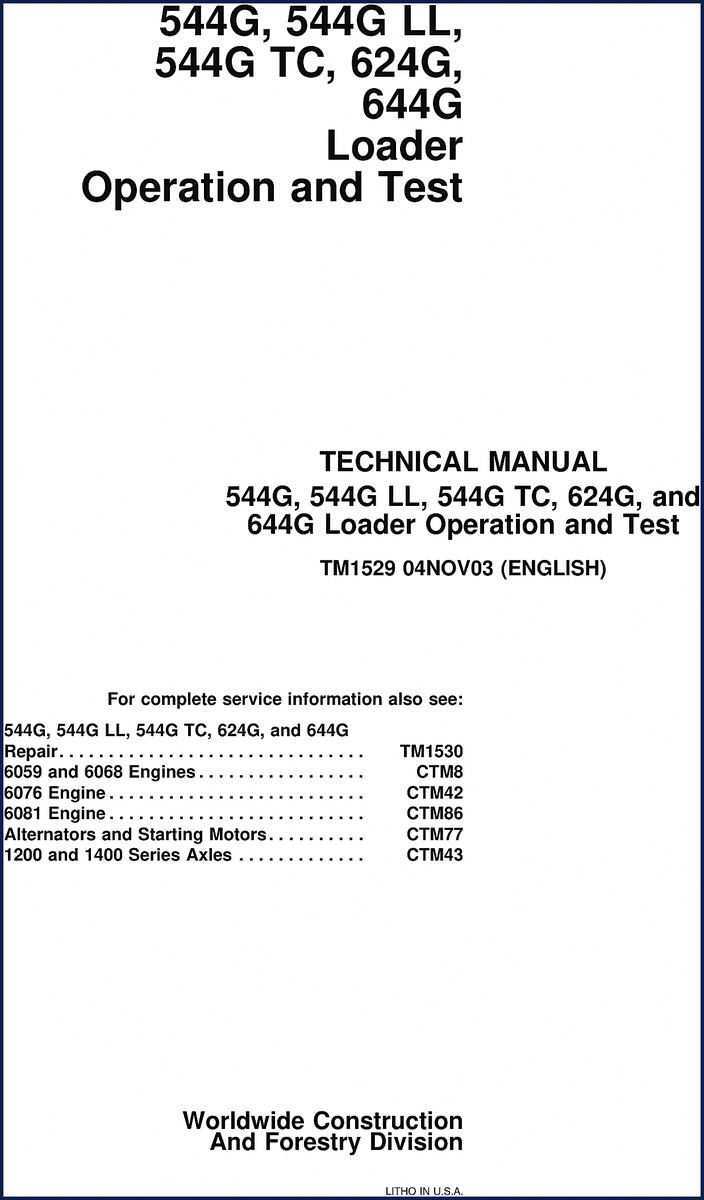 John Deere 544G loader technical manual cover 2003 Operation and Test