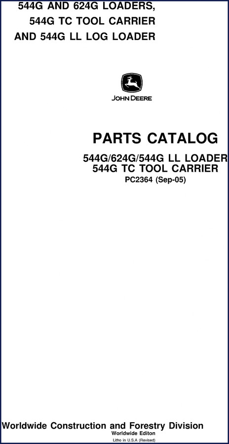 John Deere 544G loader parts catalog 2005 cover showing loader image