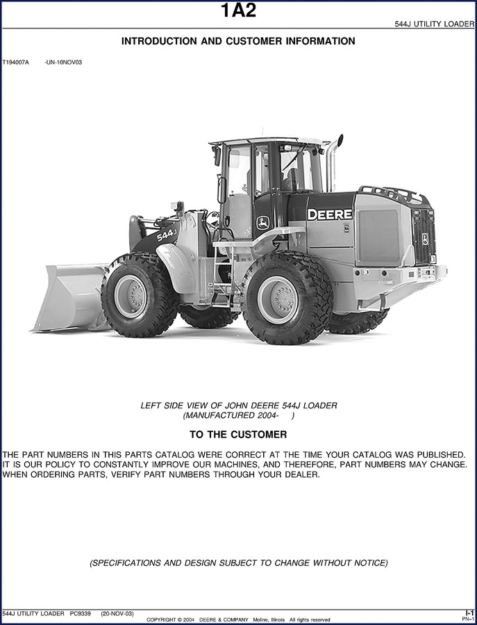 John Deere 544J 2004 Parts Catalog cover – OEM factory document