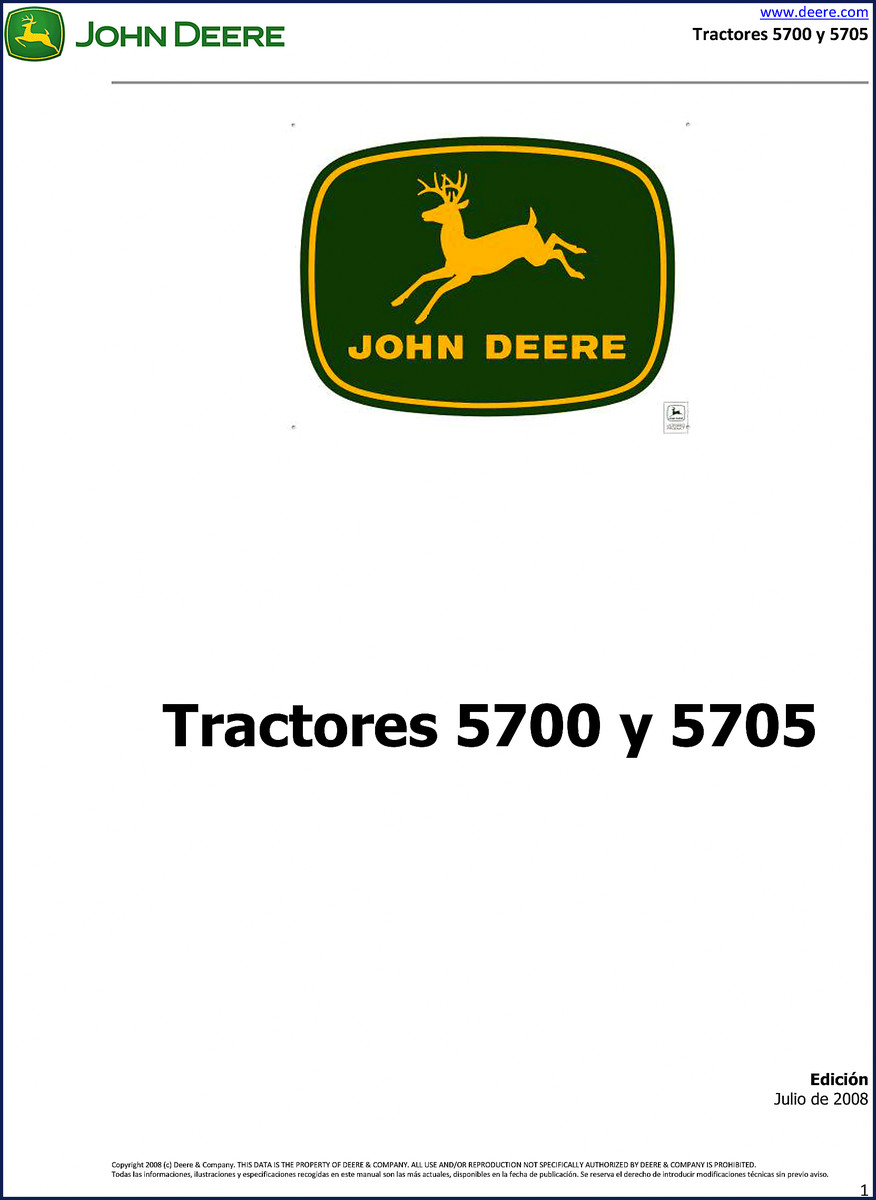 John Deere 5700 2008 Technical Manual cover showing safety decal and operator platform