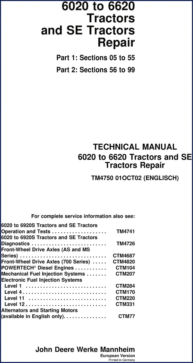 John Deere 6020 6620 6920S 2002 Technical Manual front cover