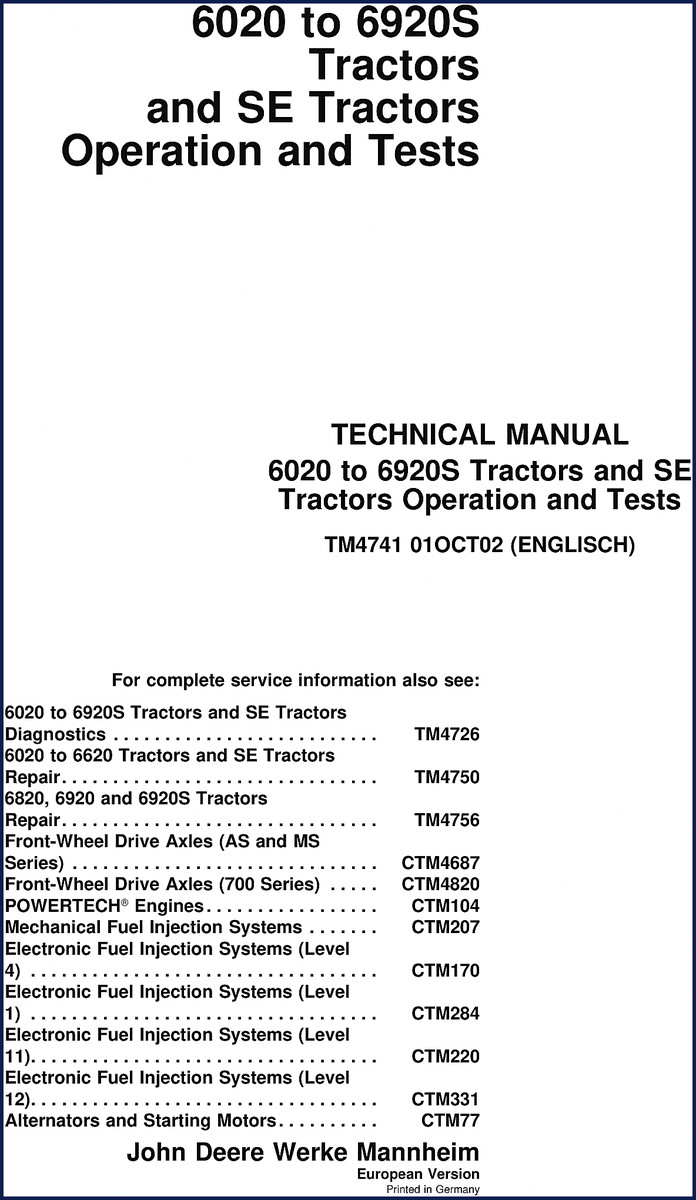 John Deere 6020 2002 Technical Manual cover - factory OEM service manual for 6020 6820 6920 6620 6920S tractors
