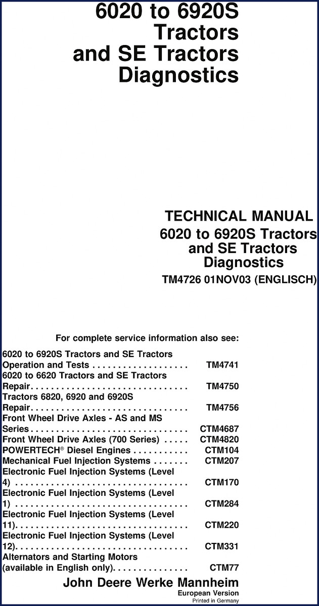 John Deere 6020 6120 6220 6820 6920 2003 diagnostics manual cover