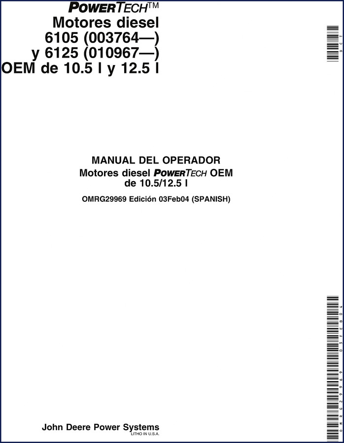 John Deere 6105, 6125 2004 Operators Manual front cover showing engine cutaway and part numbers