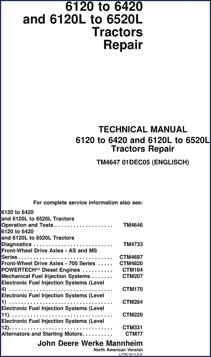 John Deere 6120-6520L 2005 Technical Manual cover page showing tractor models