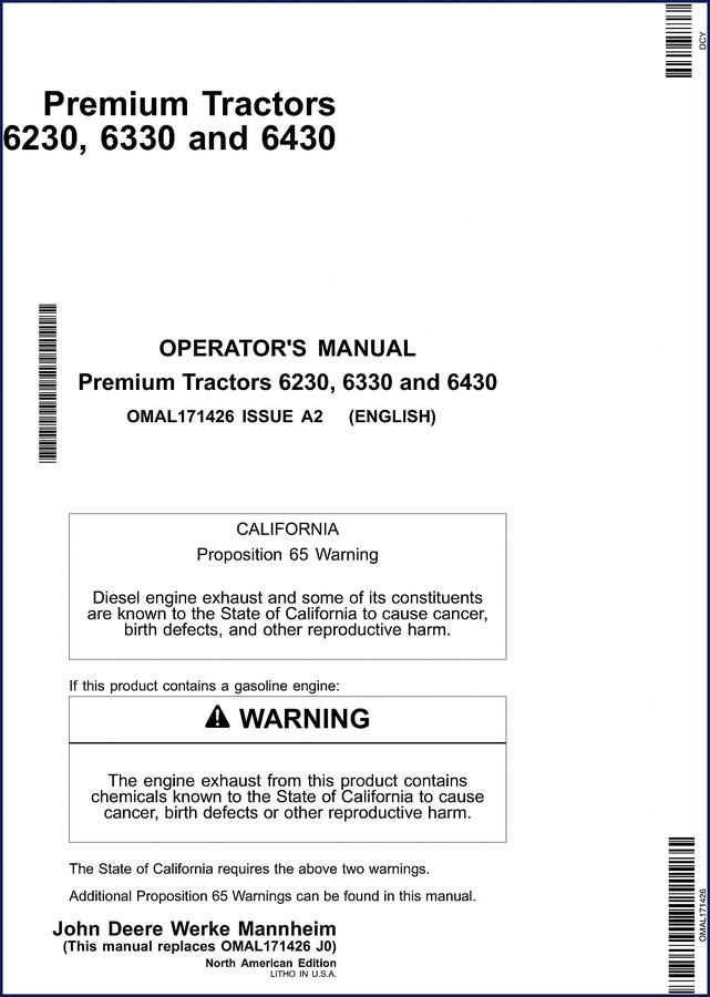 John Deere 6230, 6330, 6430 operators manual 2008 cover