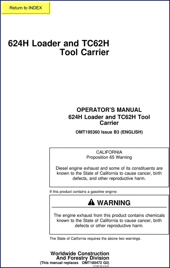 John Deere 624H Loader and TC62H Tool Carrier Operators Manual front cover