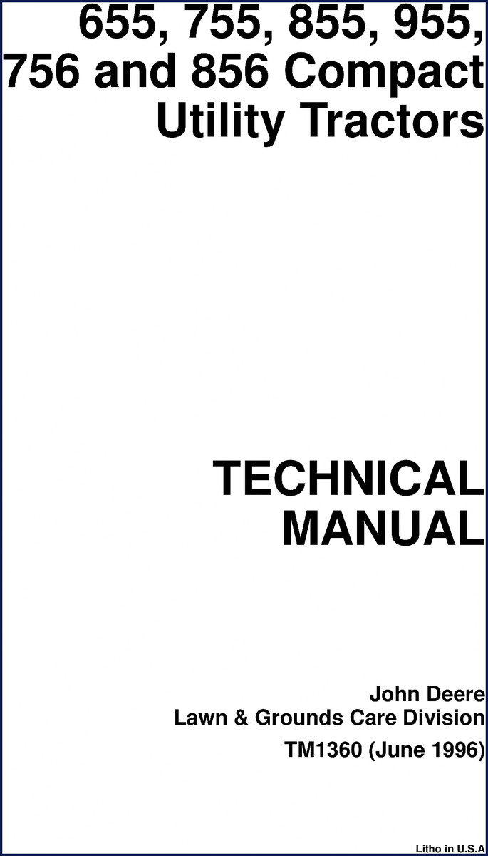 John Deere 655 1996 Technical Manual cover showing compact utility tractor