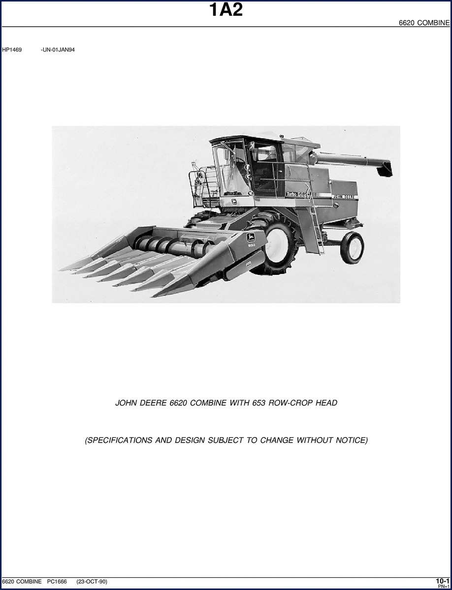 John Deere 6620 Combine 1990 Parts Catalog cover showing combine with header