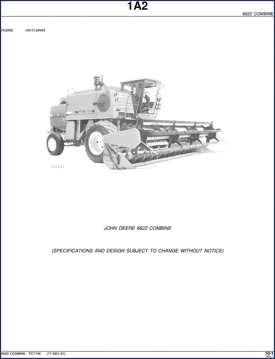 John Deere 6622 Combine 1981 Parts Catalog cover page