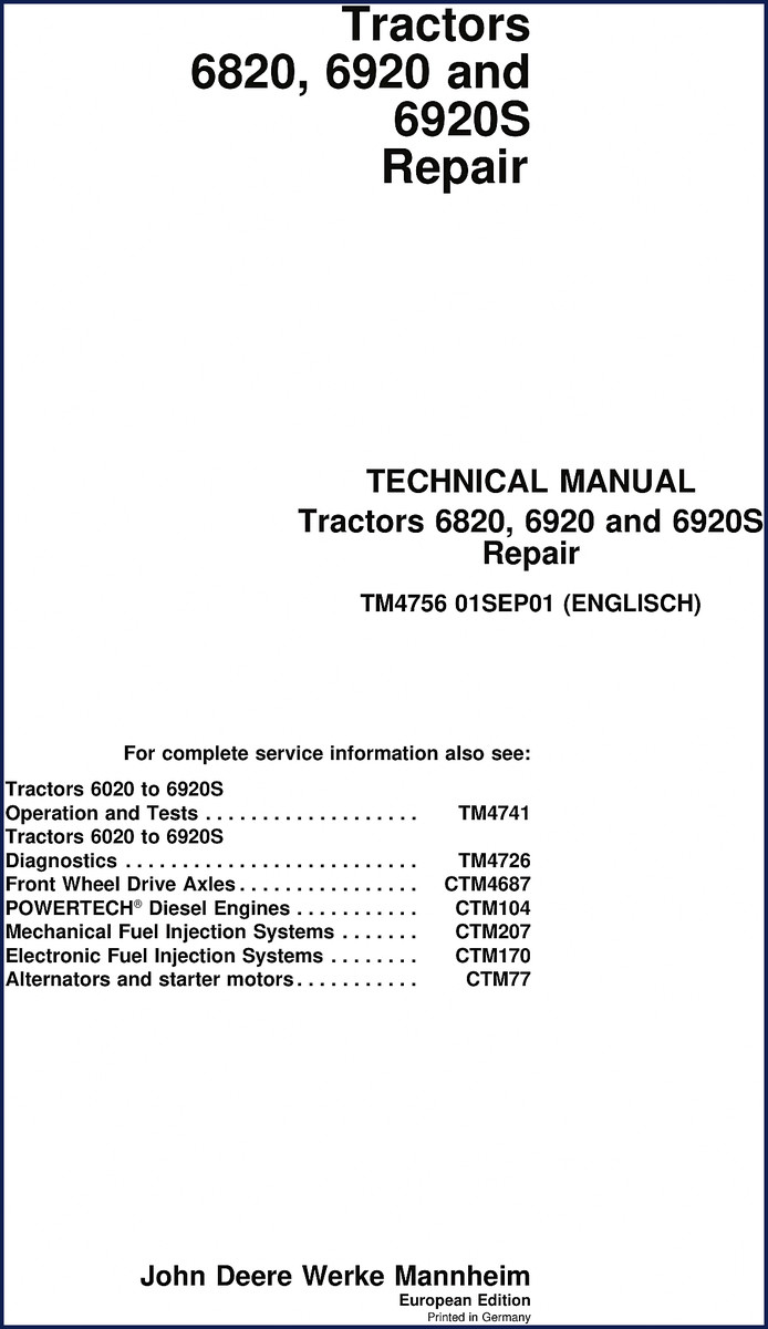 John Deere 6820 2001 Technical Manual cover showing tractor and manual title