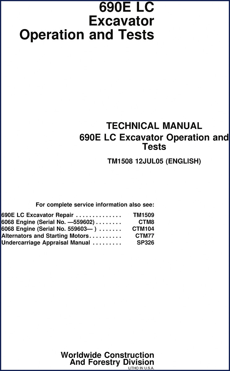 2005 John Deere 690E LC Technical Manual cover and table of contents