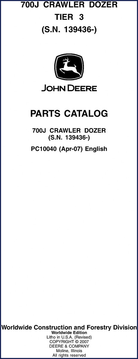 John Deere 700J 2007 Parts Catalog cover page showing crawler dozer and OEM manual