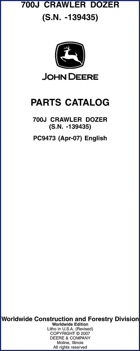 2007 John Deere 700J Parts Catalog cover page OEM factory document