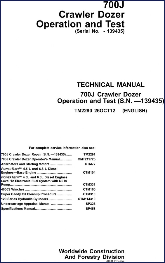 John Deere 700J 2012 Technical Manual cover
