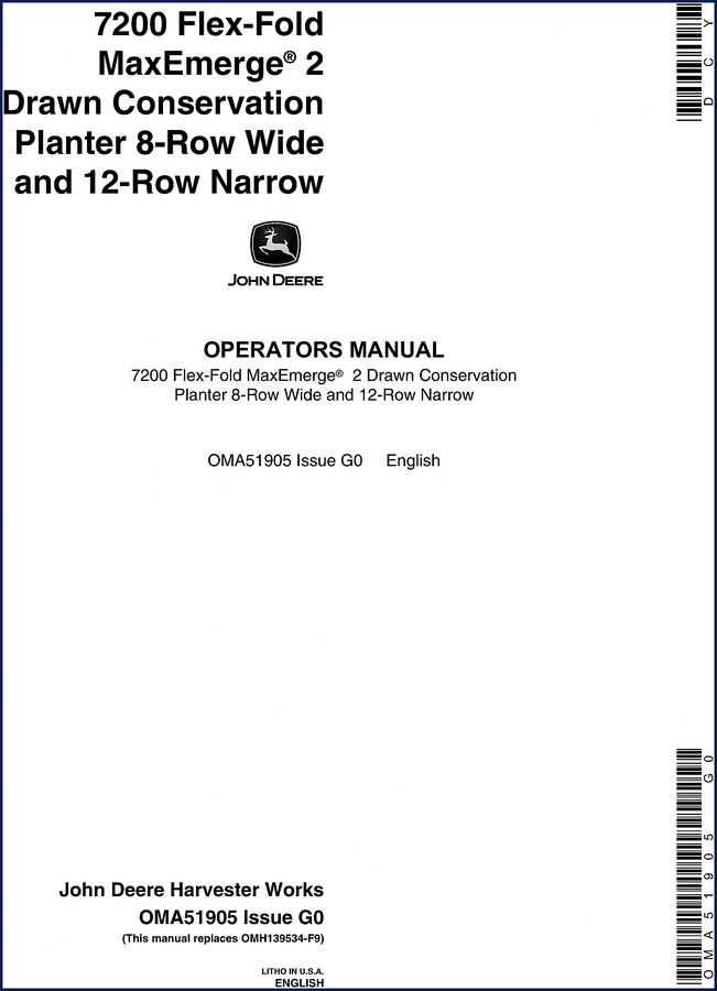 John Deere 7200 Flex-Fold 1990 Operators Manual cover showing planter with vacuum seed metering system