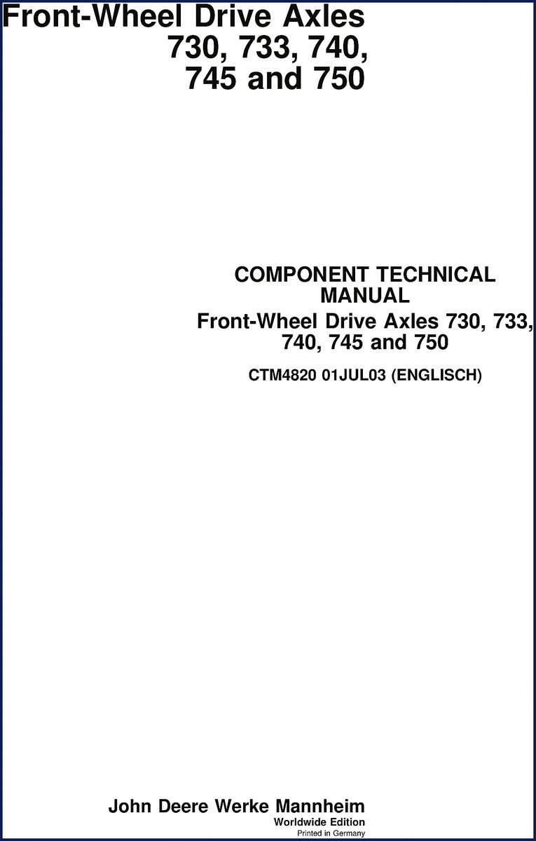 John Deere 730 2003 Technical Manual cover for front-wheel drive axle repair