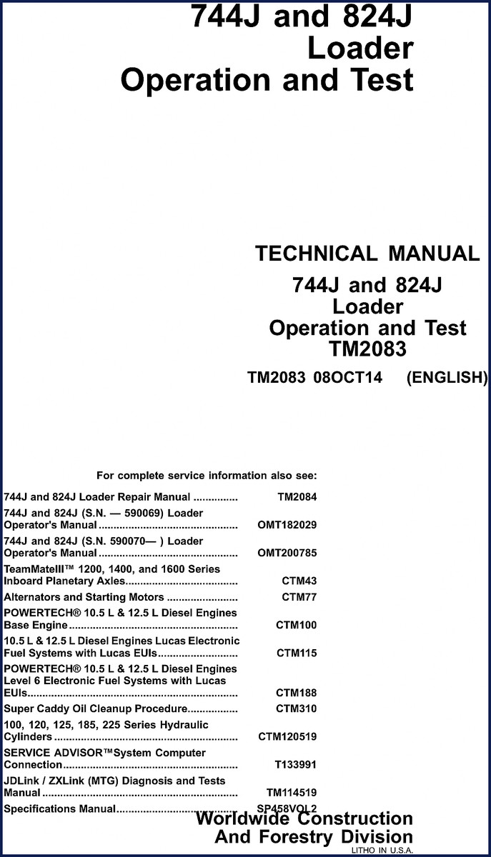 John Deere 744J loader technical manual cover for 2014 model year, showing TM2083 publication number