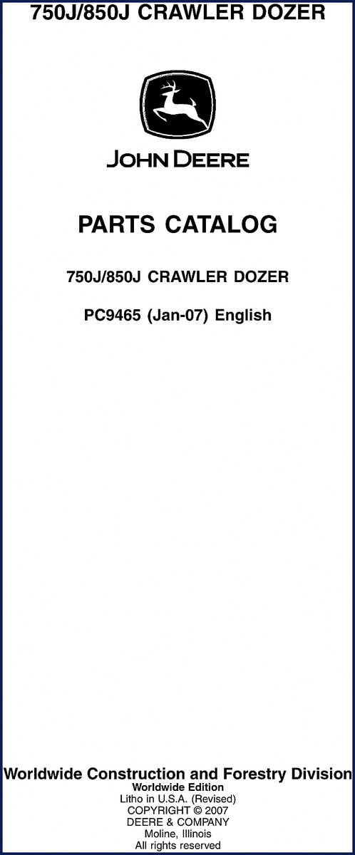 John Deere 750J 850J 2007 Parts Catalog cover – factory OEM document