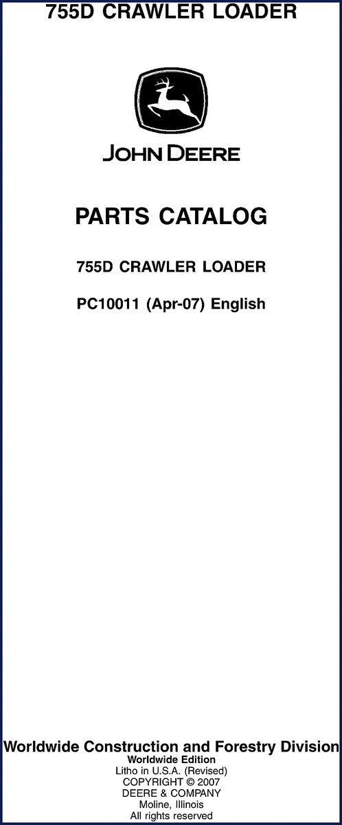 John Deere 755D Crawler Loader 2007 Parts Catalog cover page