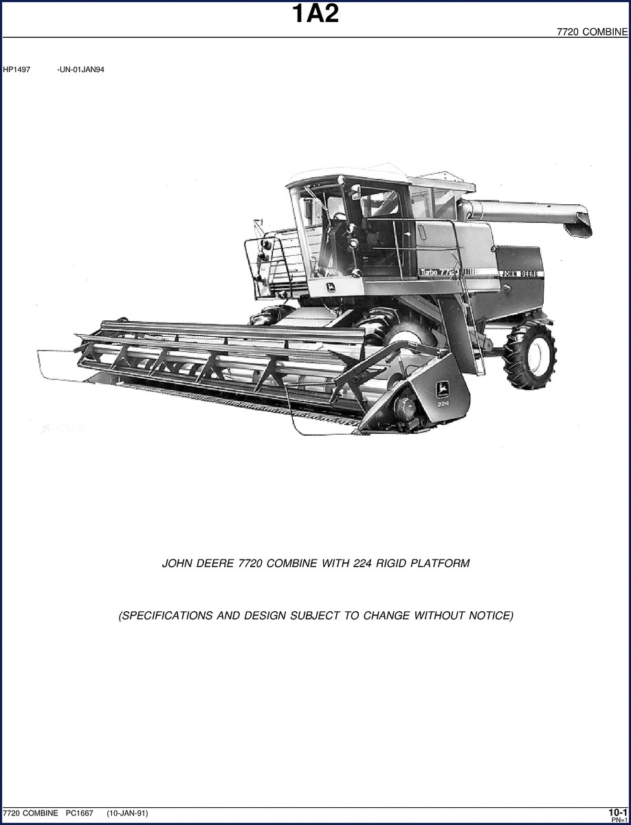 John Deere 7720 Combine and 224 Platform 1991 Parts Catalog front cover