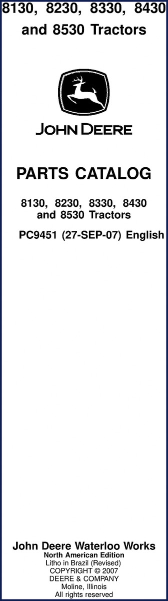 John Deere 8130-8530 2007 Parts Catalog cover showing tractor silhouette and manual title
