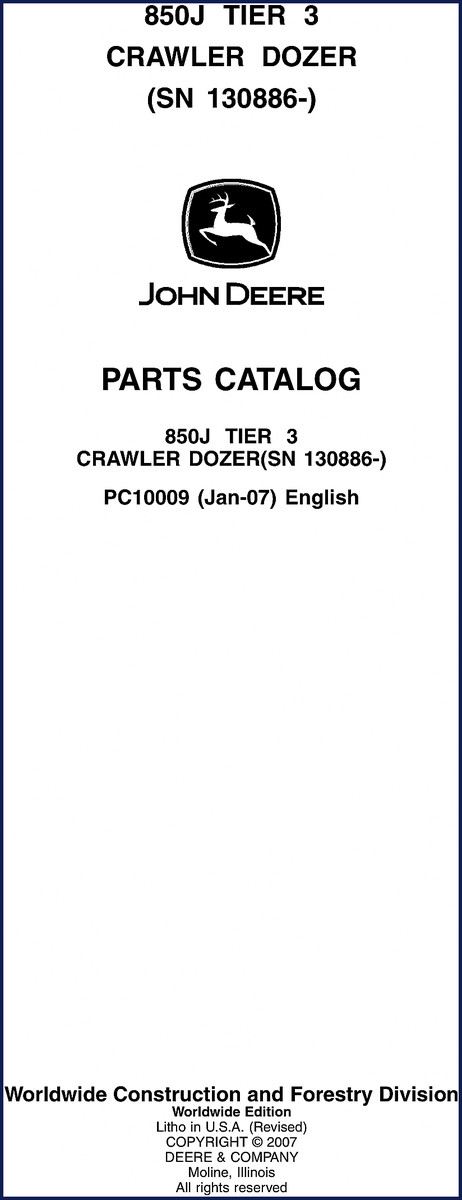 John Deere 850J 2007 Parts Catalog cover - factory OEM document