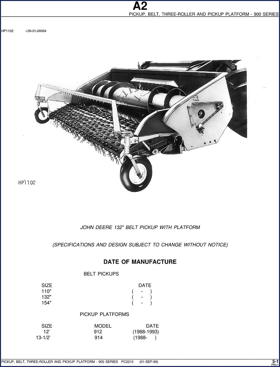 1999 John Deere 912 914 parts catalog cover showing pickup platform illustration
