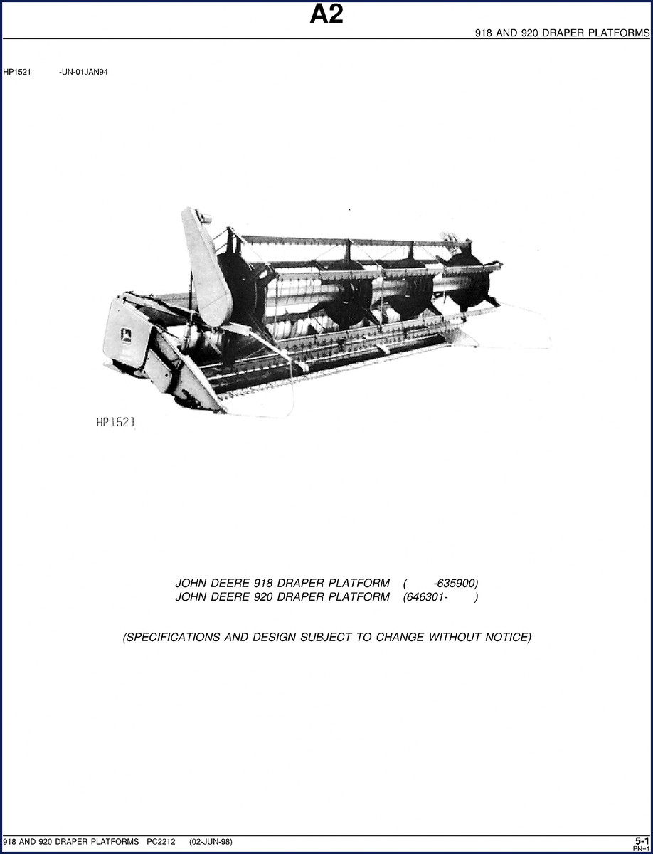 John Deere 918 and 920 Draper Platforms 1998 Parts Catalog cover