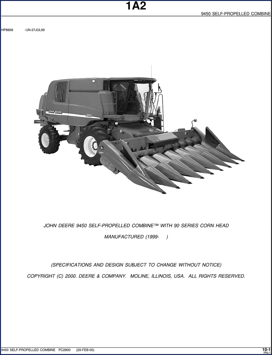 John Deere 9450 2000 Parts Catalog cover - OEM factory manual for self-propelled combine