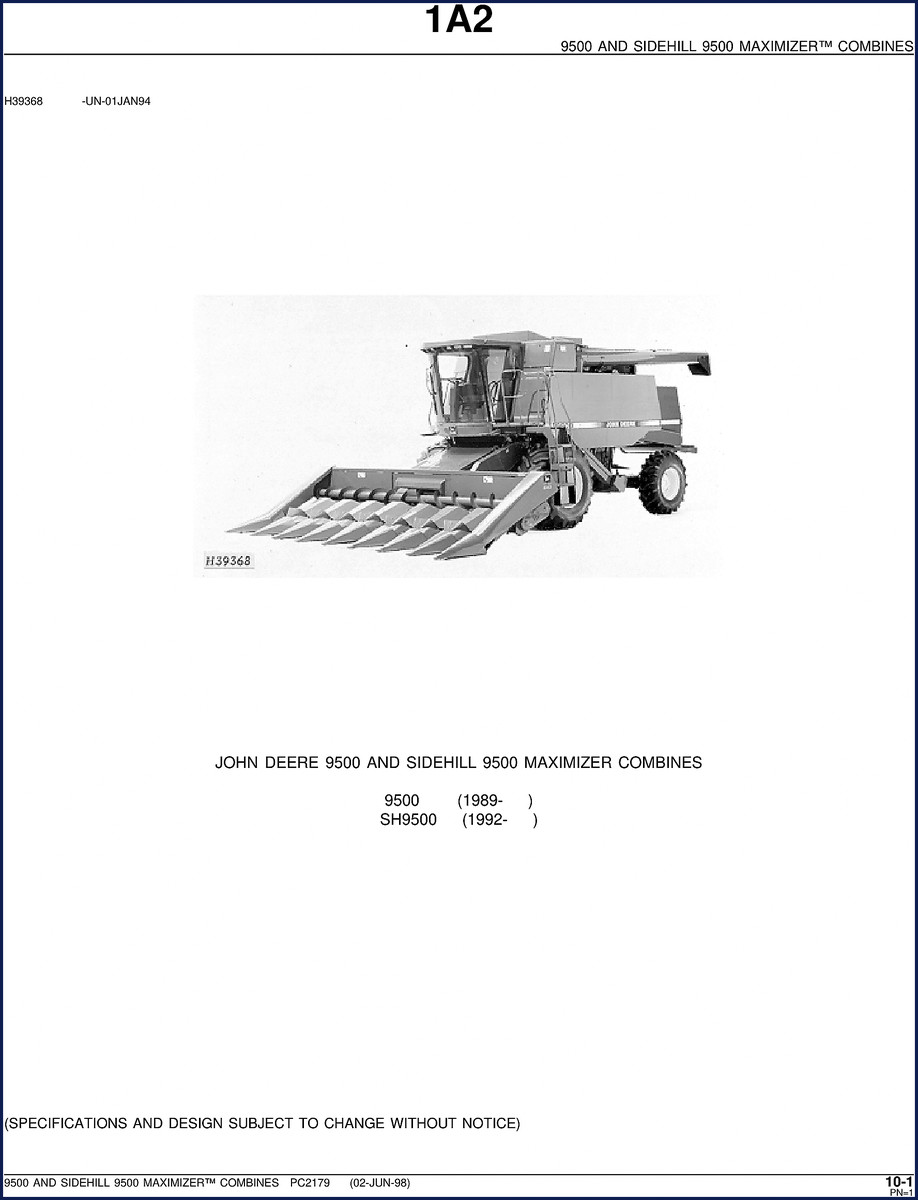 John Deere 9500 and SH9500 Combine Parts Catalog 1998 cover