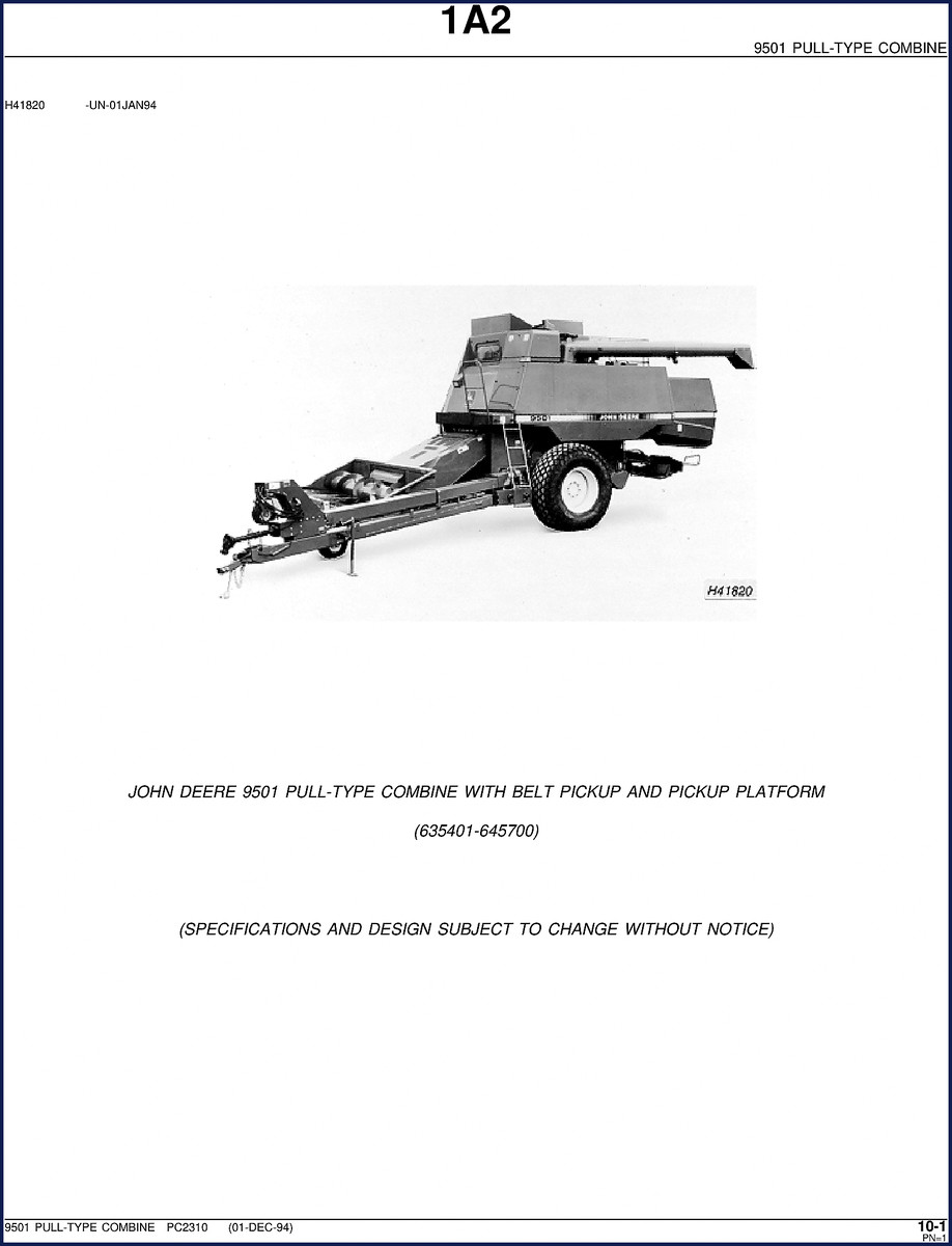 John Deere 9501 Combine 1994 Parts Catalog cover page showing model and grid index
