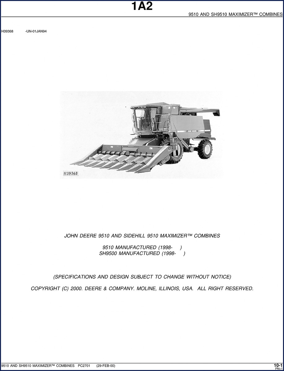 John Deere 9510 SH9510 2000 Parts Catalog cover showing combine illustration and part number index
