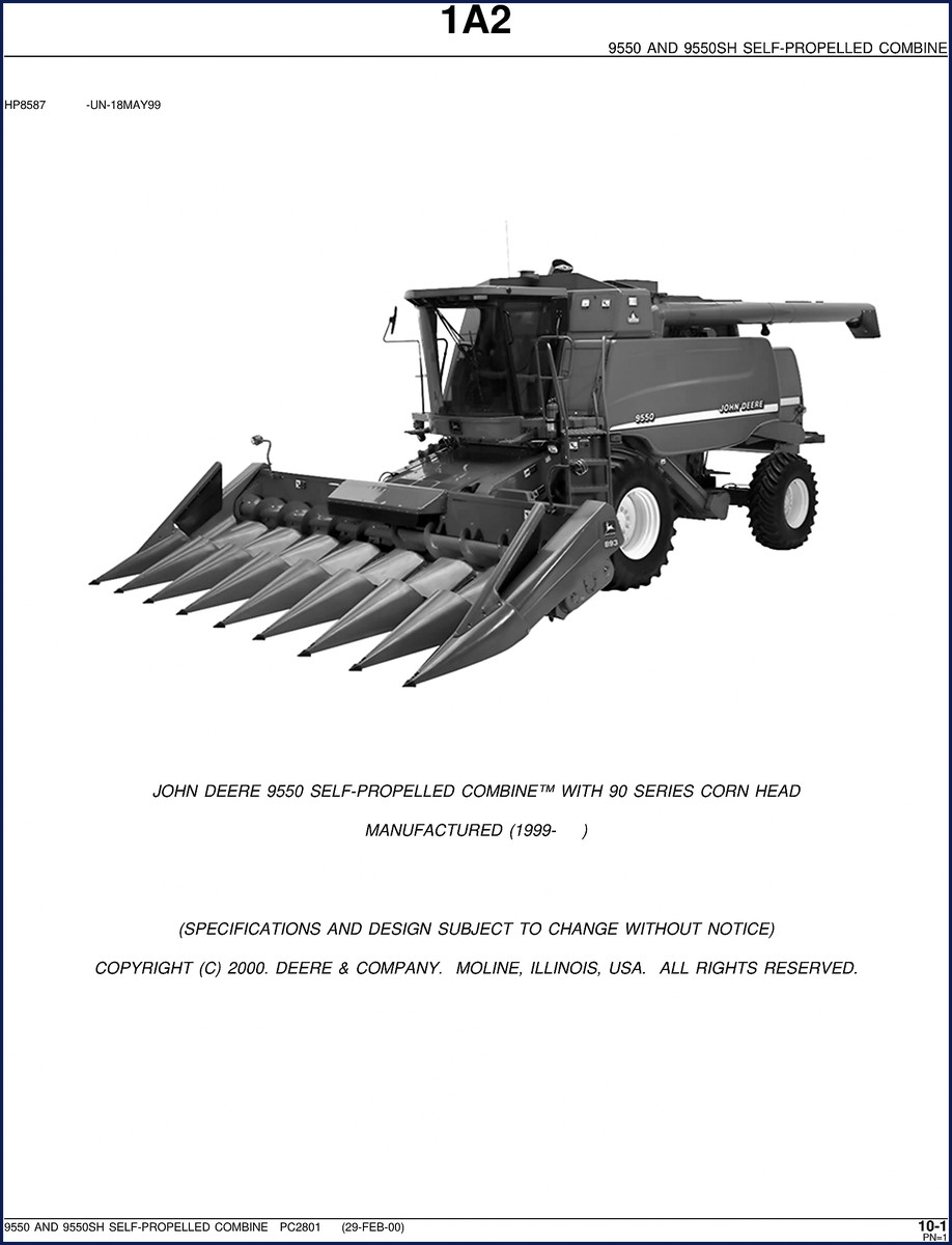 John Deere 9550 combine parts catalog 2000 cover with combine image