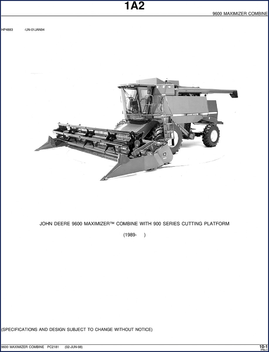 John Deere 9600 1998 Parts Catalog – 1388 pages OEM factory parts breakdown for 9600 Maximizer Combine