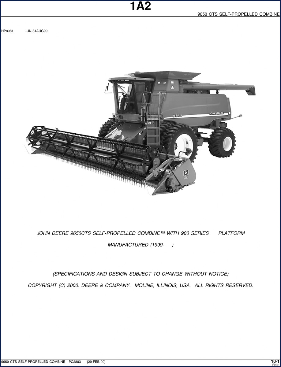 John Deere 9650CTS 2000 Parts Catalog cover showing combine and engine parts diagram