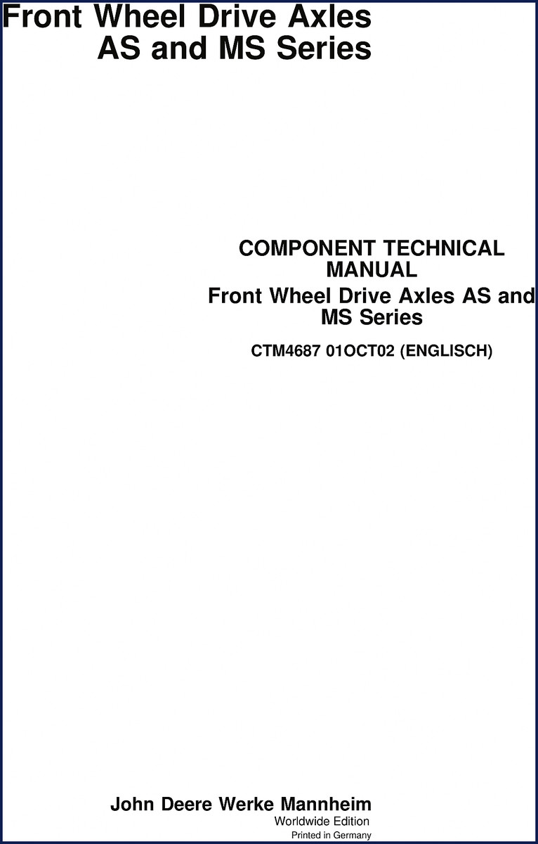 John Deere AS, MS 2002 Component Technical Manual cover for front wheel drive axles