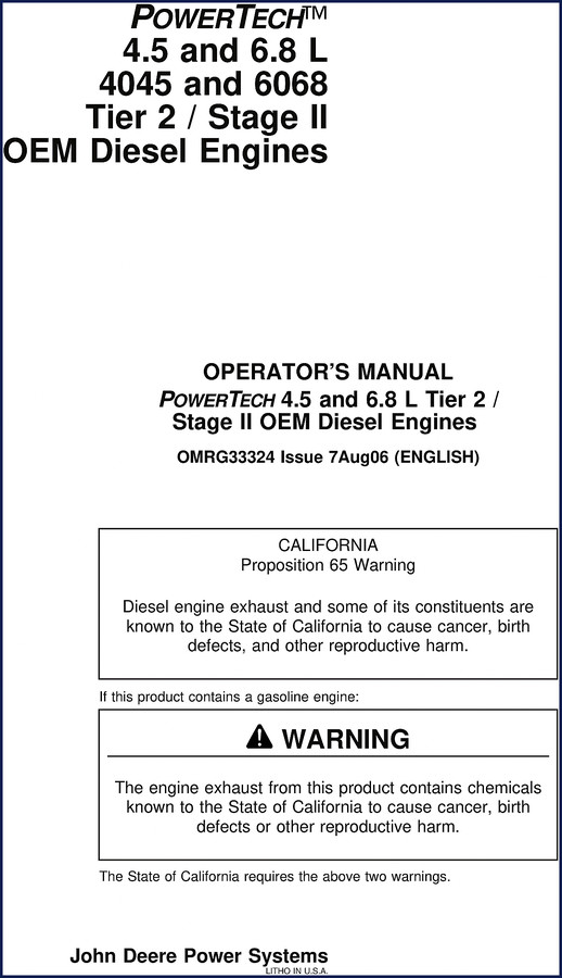 John Deere PowerTech 4.5L Tier 2 Operators Manual cover - 2006 OEM print