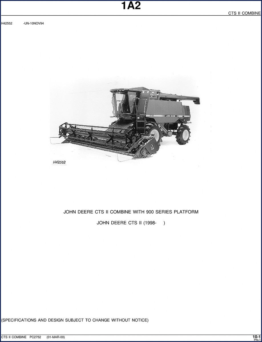 John Deere CTS II 1998-2000 Parts Catalog cover showing combine and 900 series platform