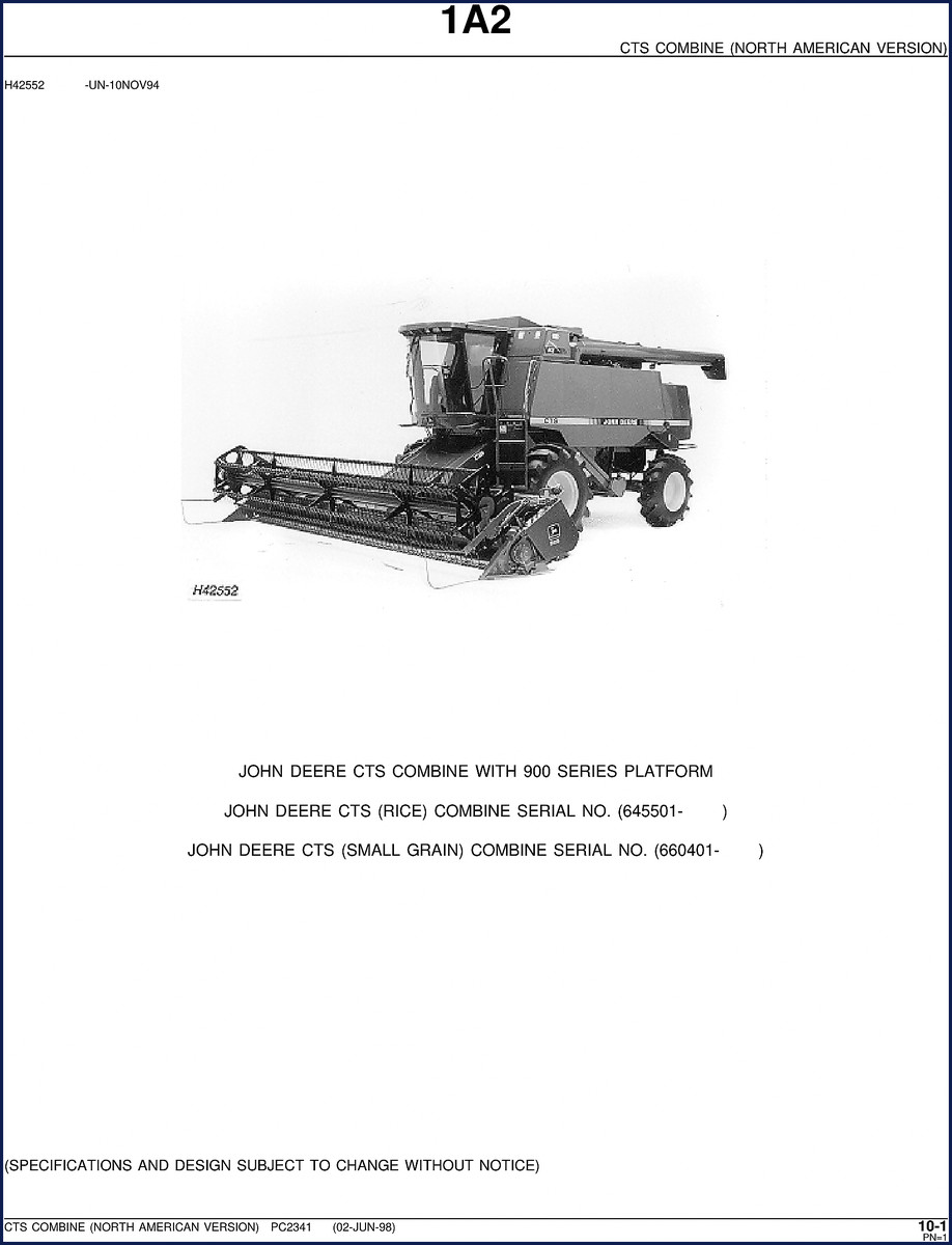 John Deere CTS 1998 Parts Catalog factory OEM cover page showing combine diagram