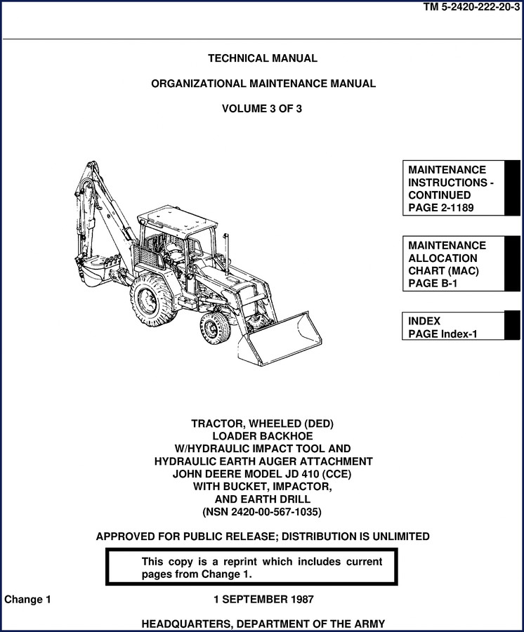 John Deere JD 410 1987 Technical Manual cover page showing backhoe loader