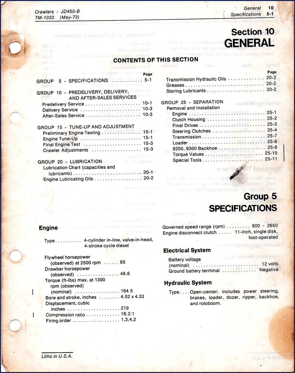 John Deere JD450-B 1973 Service Manual cover showing OEM factory specs
