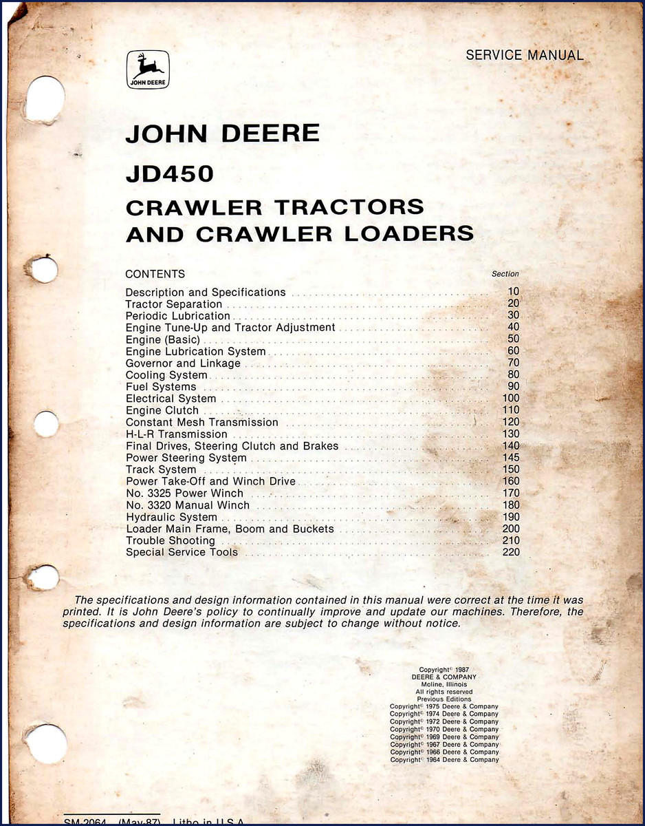 John Deere JD450 1987 Service Manual cover and contents page