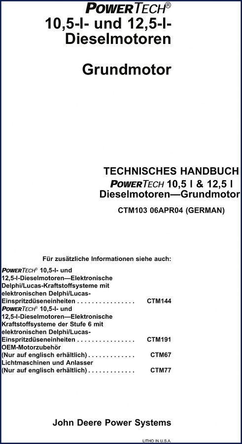 2004 John Deere PowerTech 10.5L and 12.5L engine technical manual cover showing CTM103