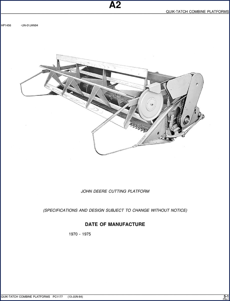 John Deere QUIK-TATCH 1984 Parts Catalog cover showing combine platform diagram