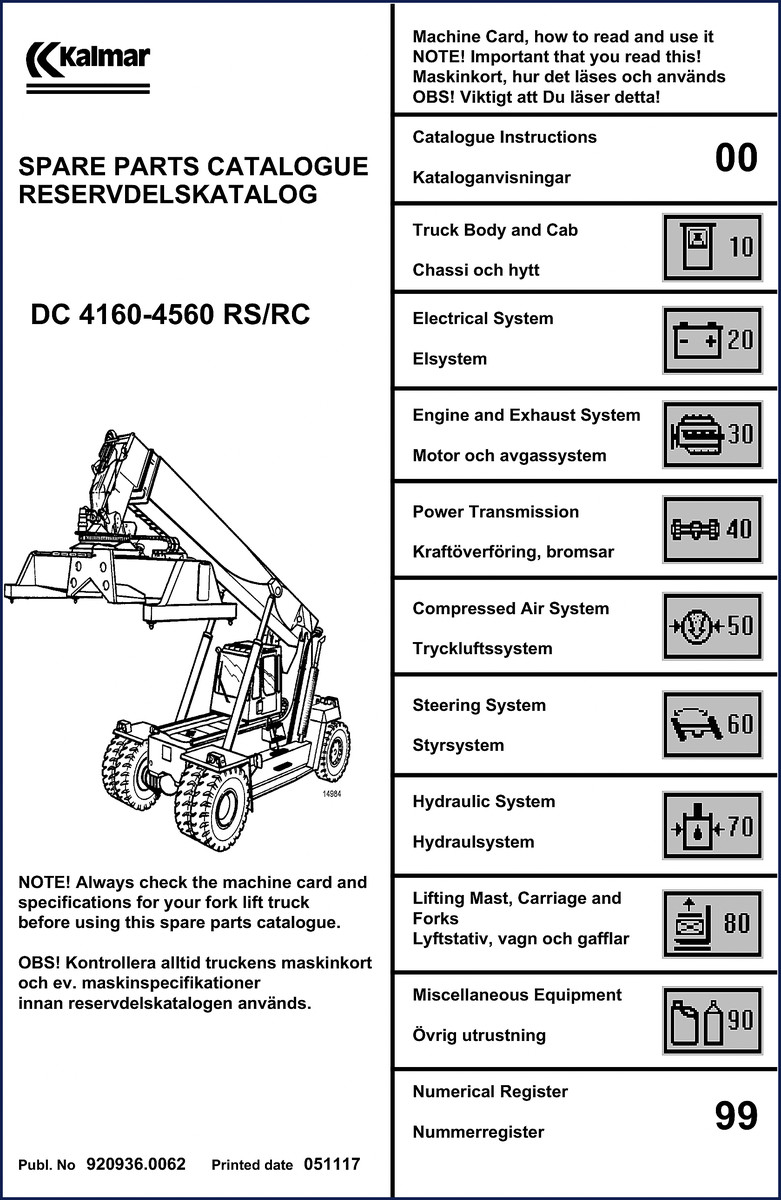 Kalmar DC 4160 DC 4560 Parts Catalog cover page showing model numbers and publication number