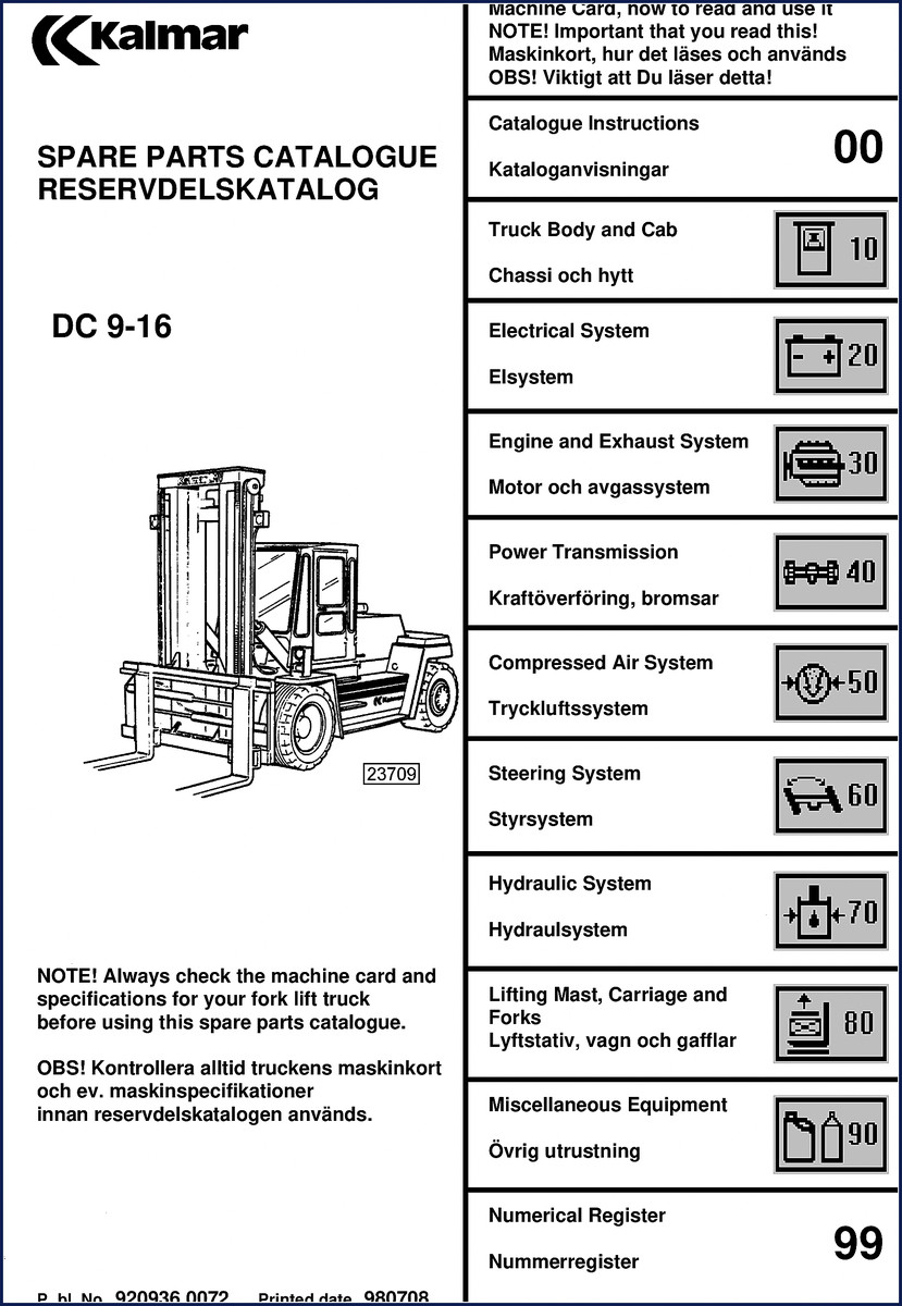 Kalmar DC 9-16 1998 Parts Catalog cover - factory OEM spare parts catalogue for forklift